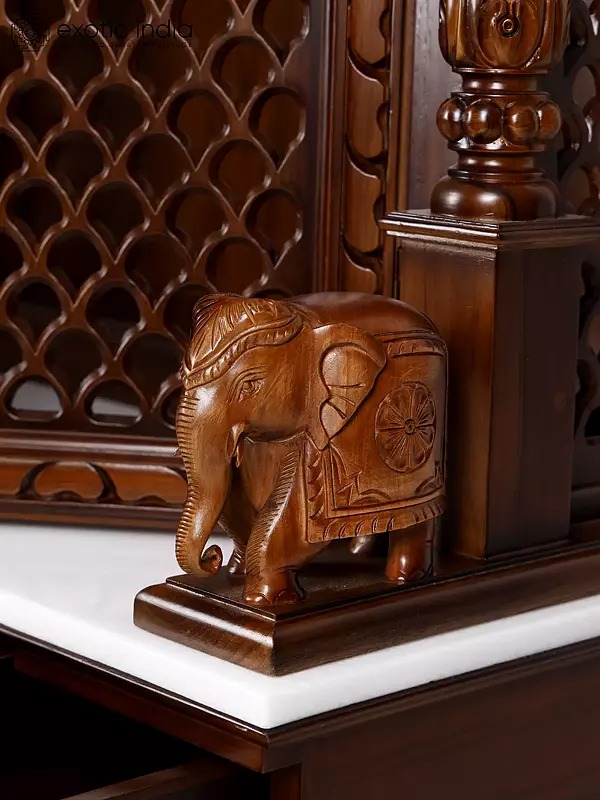 Large Lakshmi Ganesha Saraswati temple with double doors, handcrafted teak wood & marble mandir in dark brown finish with detailed carvings