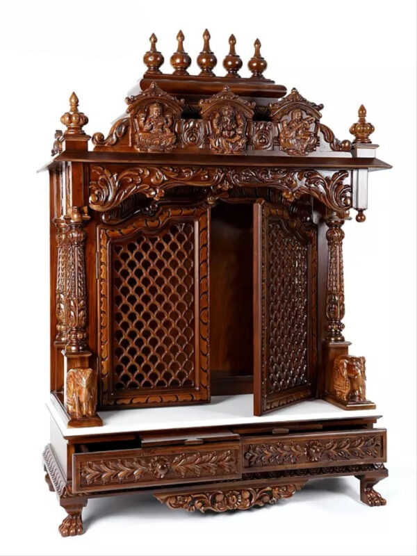 Large Lakshmi Ganesha Saraswati temple with double doors, handcrafted teak wood & marble mandir in dark brown finish with detailed carvings