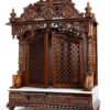 Large Lakshmi Ganesha Saraswati temple with double doors, handcrafted teak wood & marble mandir in dark brown finish with detailed carvings
