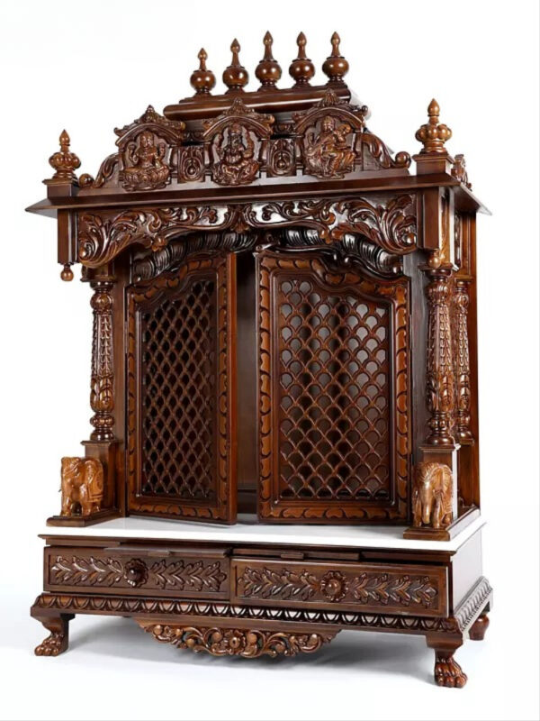 Large Lakshmi Ganesha Saraswati temple with double doors, handcrafted teak wood & marble mandir in dark brown finish with detailed carvings