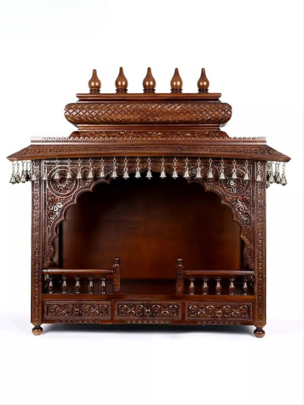puja temple in dark brown finish with detailed carvings and dangling brass bells