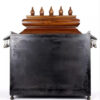 puja temple in dark brown finish with detailed carvings and dangling brass bells