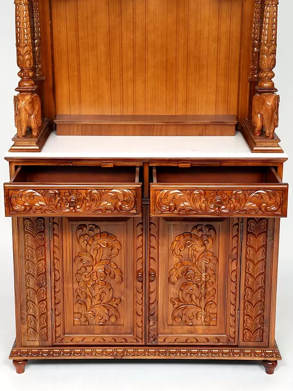 Large pooja mandir with drawers, designer hand-carved wooden temple for home