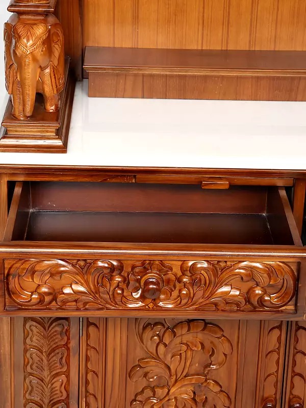 Large pooja mandir with drawers, designer hand-carved wooden temple for home