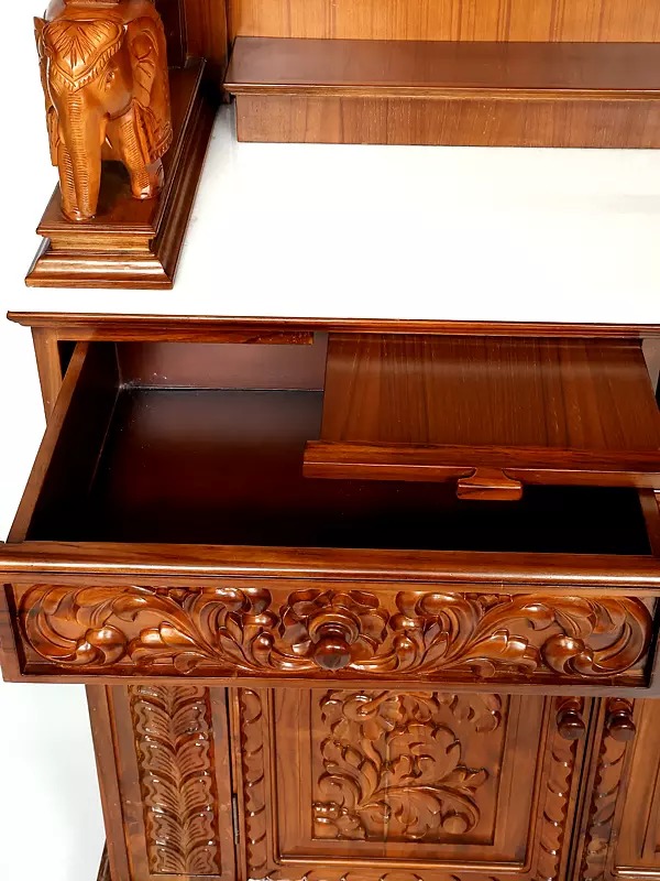 Large pooja mandir with drawers, designer hand-carved wooden temple for home
