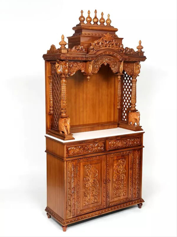 Large pooja mandir with drawers, designer hand-carved wooden temple for home