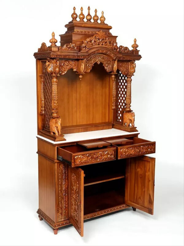 Large pooja mandir with drawers, designer hand-carved wooden temple for home