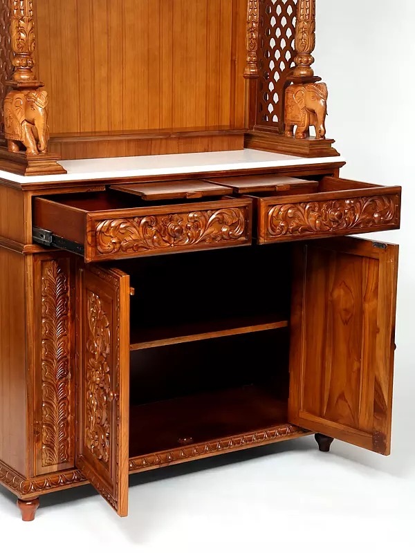Large pooja mandir with drawers, designer hand-carved wooden temple for home