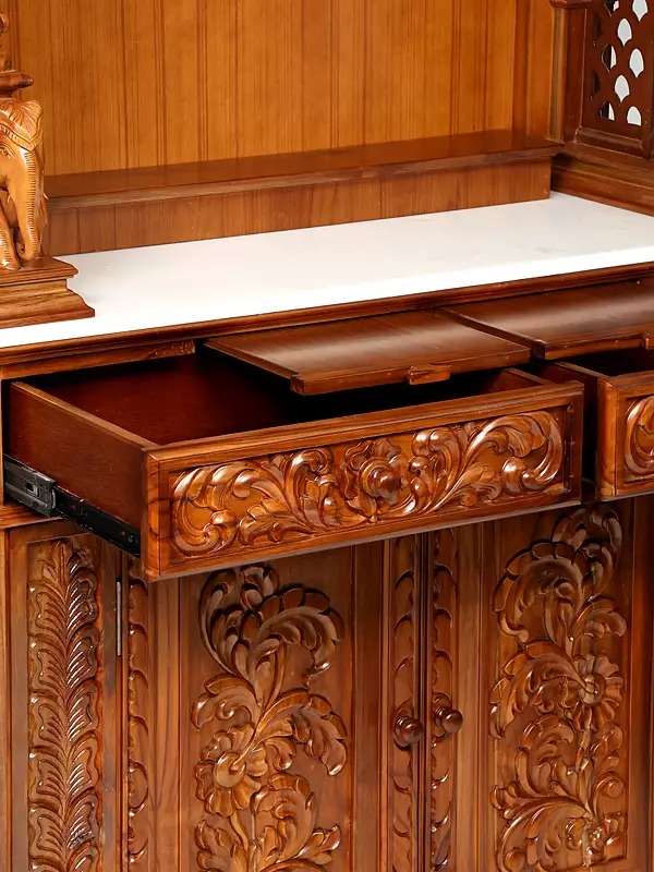 Large pooja mandir with drawers, designer hand-carved wooden temple for home