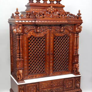 Huge puja temple with double doors, handcrafted teak wood & marble mandir in brown finish with intricate carvings