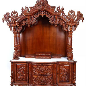 Super large pooja mandir with elephant and peacock carvings, hand-carved wooden temple with drawers for villa prayer room