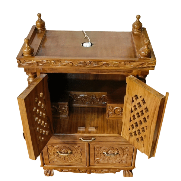Small traditional wooden mandir in teak wood with natural finish for home worship