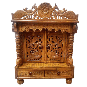 Handcrafted teak wood pooja mandir with peacock carving and doors, high gloss finish