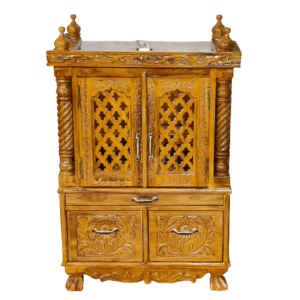 Small traditional wooden mandir in teak wood with natural finish for home worship