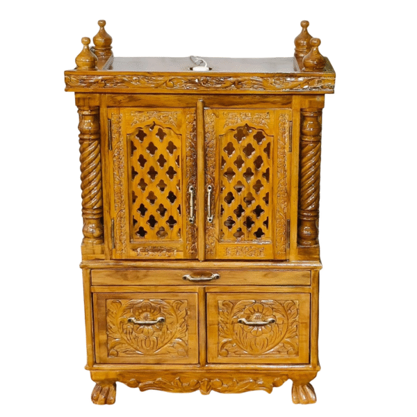 Small traditional wooden mandir in teak wood with natural finish for home worship