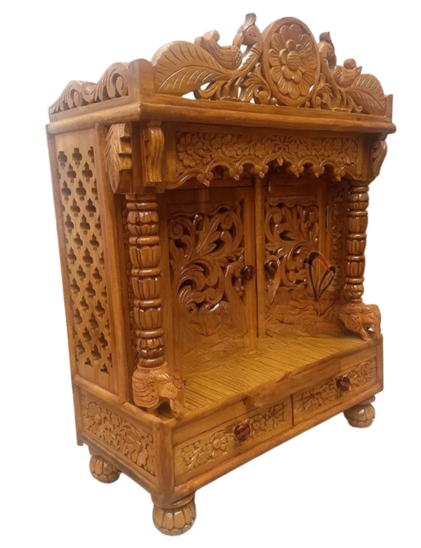 Handcrafted teak wood pooja mandir with peacock carving and doors, high gloss finish