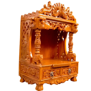 Small teak wood home temple with glossy finish, wall-mountable wooden mandir for compact spaces