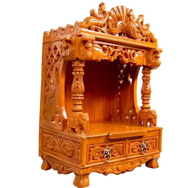 Small teak wood home temple with glossy finish, wall-mountable wooden mandir for compact spaces