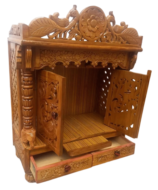 Handcrafted teak wood pooja mandir with peacock carving and doors, high gloss finish