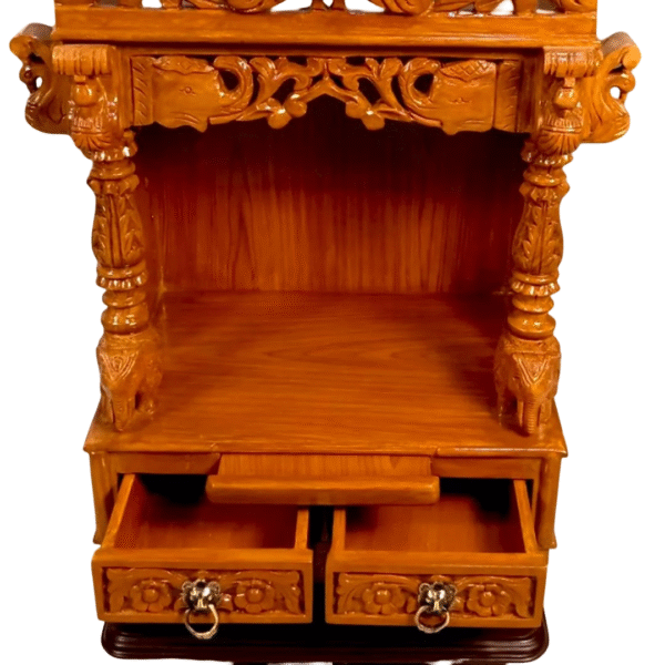 Small teak wood home temple with glossy finish, wall-mountable wooden mandir for compact spaces
