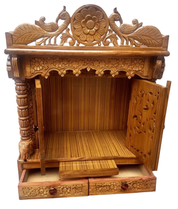 Handcrafted teak wood pooja mandir with peacock carving and doors, high gloss finish