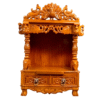 Small teak wood home temple with glossy finish, wall-mountable wooden mandir for compact spaces