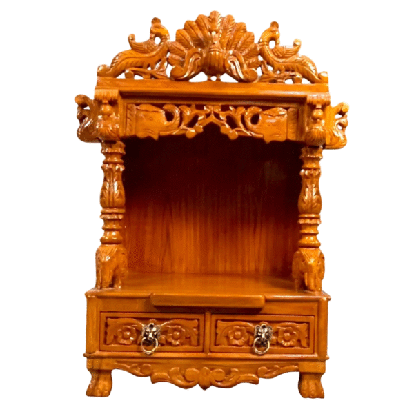 Small teak wood home temple with glossy finish, wall-mountable wooden mandir for compact spaces