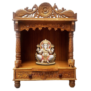 Small teak wood mandir with hand-carved peacock design, traditional wooden pooja temple for home