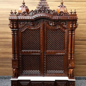 Super large pooja mandir with carved doors and drawers, dark brown finish, traditional handcrafted wooden temple