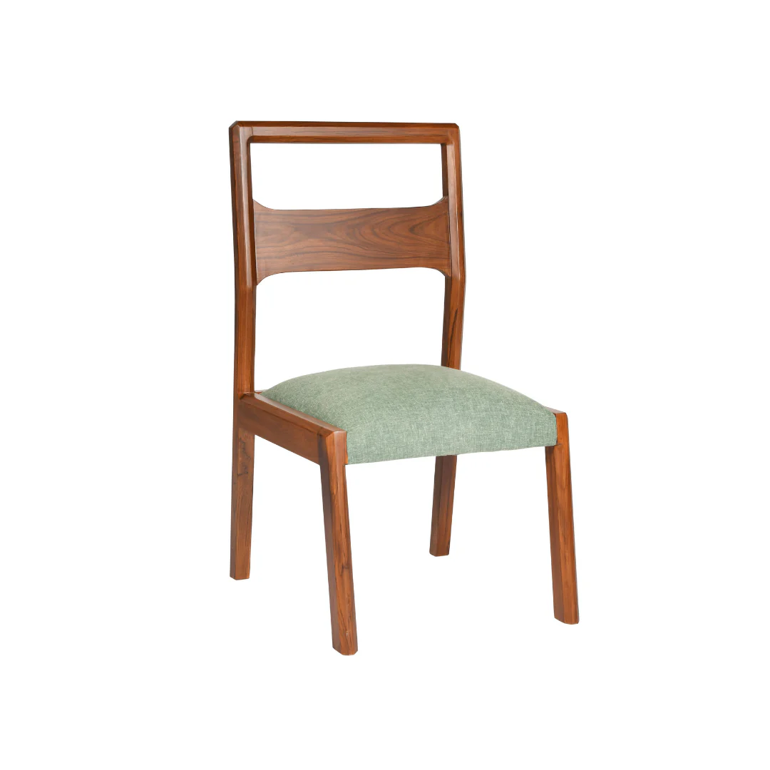 Teak wood dining table set with 4 chairs and 1 bench in brown finish and green cushioned seats.