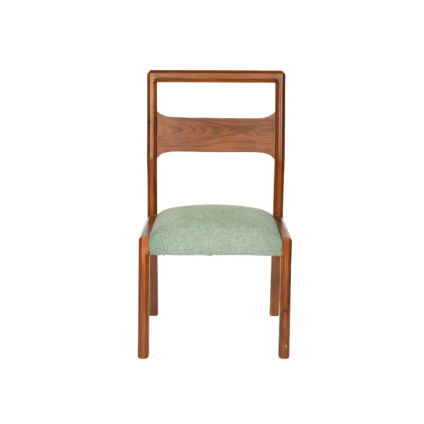 Teak wood dining table set with 4 chairs and 1 bench in brown finish and green cushioned seats.