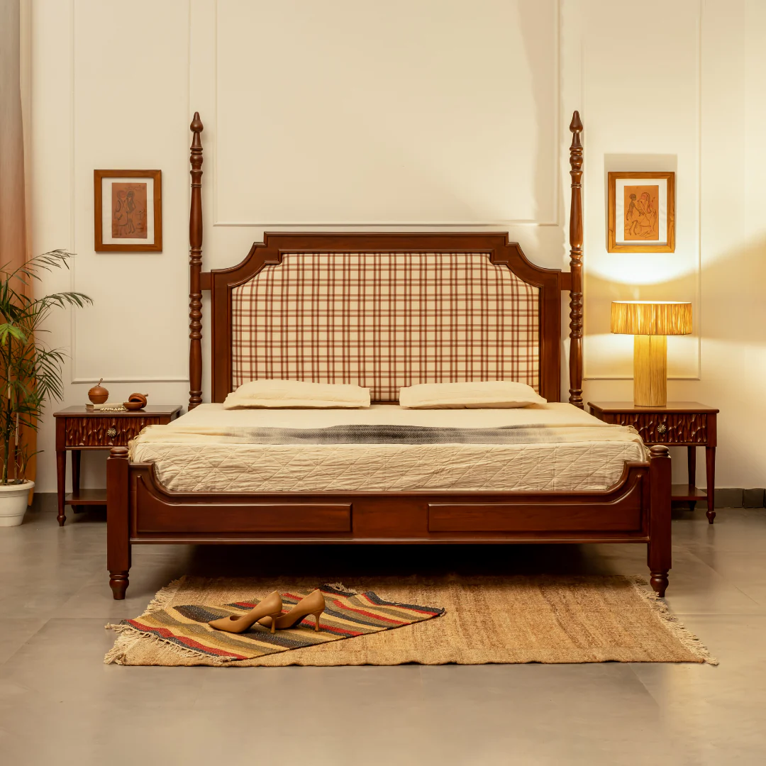 2 Poster Teakwood Bed in Black & Brown Finish – Wooden Bed Frame Without Mattress”