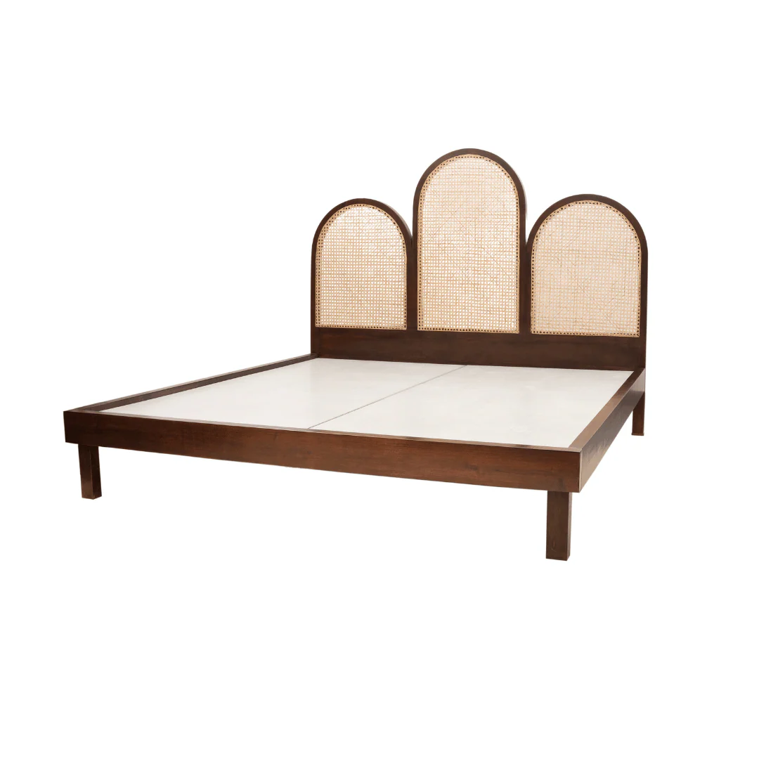 Bed with Rattan Headboard – Wooden Bed Frame Without Mattress”