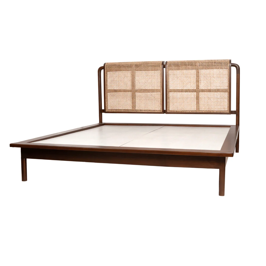 Teak wood rattan bed with cane headboard – available in King and Queen sizes Teak wood rattan bed with cane headboard – available in King and Queen sizes