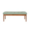Teak wood dining table set with 4 chairs and 1 bench in brown finish and green cushioned seats.