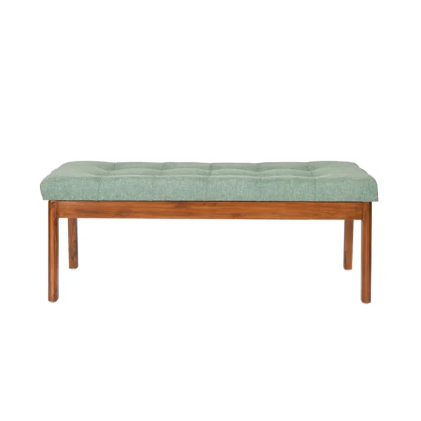 Teak wood dining table set with 4 chairs and 1 bench in brown finish and green cushioned seats.