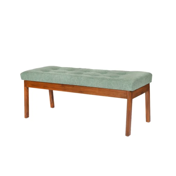 Teak wood dining table set with 4 chairs and 1 bench in brown finish and green cushioned seats.
