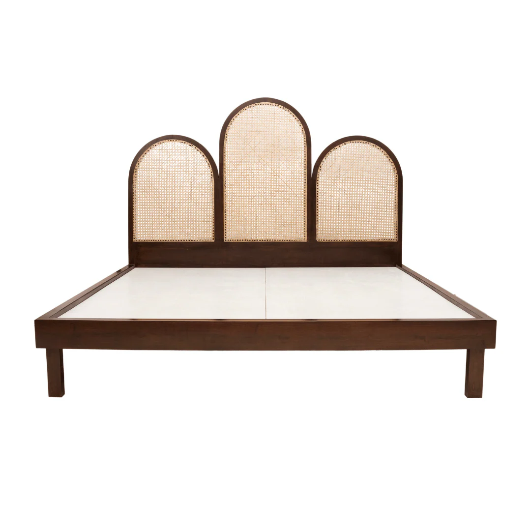 Bed with Rattan Headboard – Wooden Bed Frame Without Mattress”