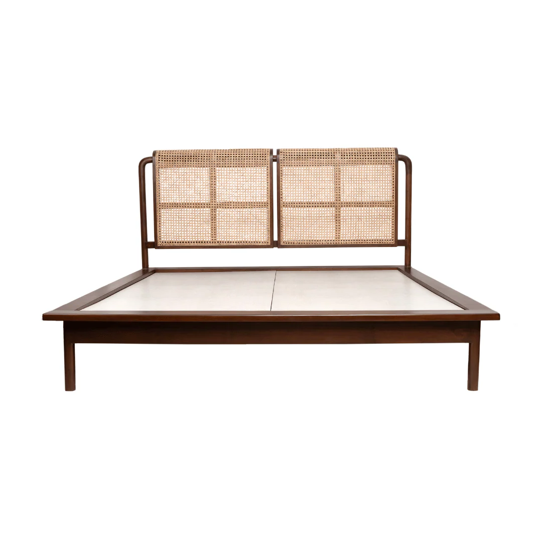 Teak wood rattan bed with cane headboard – available in King and Queen sizes Teak wood rattan bed with cane headboard – available in King and Queen sizes