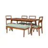 Teak wood dining table set with 4 chairs and 1 bench in brown finish and green cushioned seats.