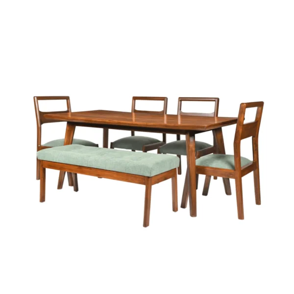 Teak wood dining table set with 4 chairs and 1 bench in brown finish and green cushioned seats.