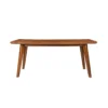 Teak wood dining table set with 4 chairs and 1 bench in brown finish and green cushioned seats.