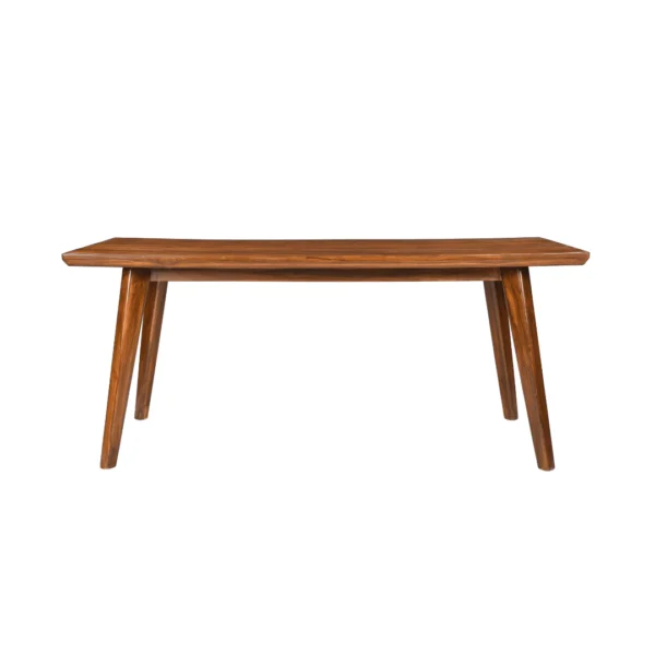 Teak wood dining table set with 4 chairs and 1 bench in brown finish and green cushioned seats.
