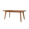 Teak wood dining table set with 4 chairs and 1 bench in brown finish and green cushioned seats.