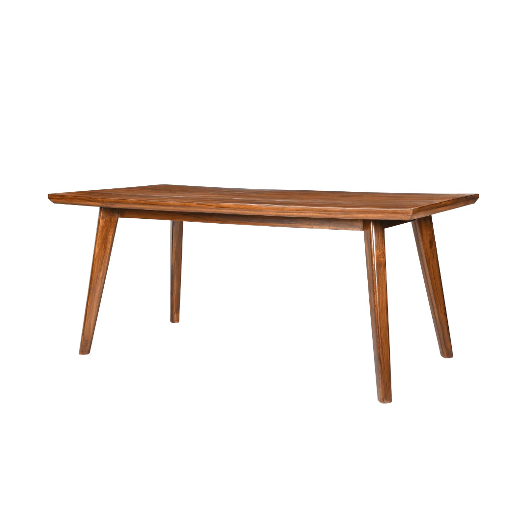 Teak wood dining table set with 4 chairs and 1 bench in brown finish and green cushioned seats.