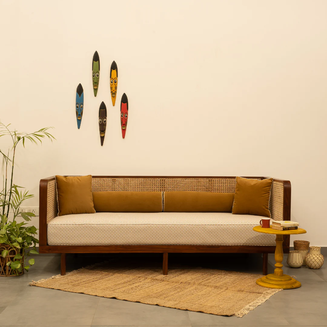 Lounge rattan sofa with woven rattan panels and customizable cushions