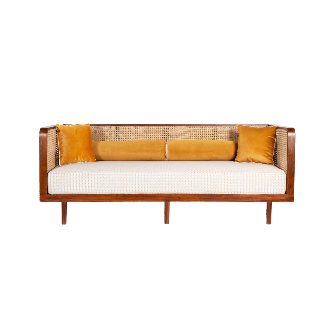 Lounge rattan sofa with woven rattan panels and customizable cushions