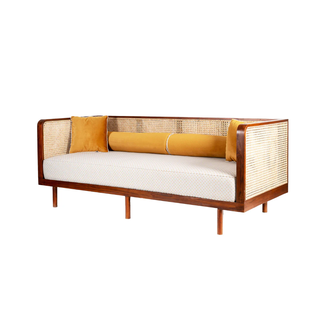 Lounge rattan sofa with woven rattan panels and customizable cushions