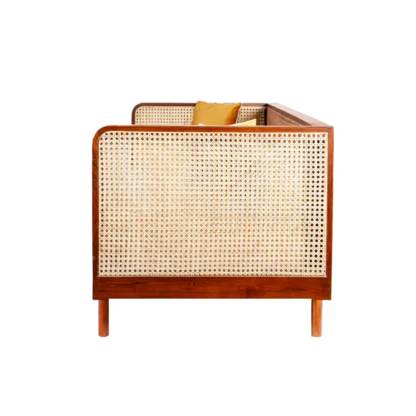 Lounge rattan sofa with woven rattan panels and customizable cushions