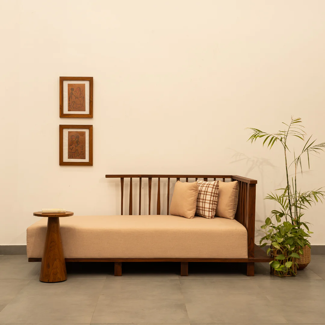 day bed sofa for living room with beige cushion and pillows, modern wooden diwan